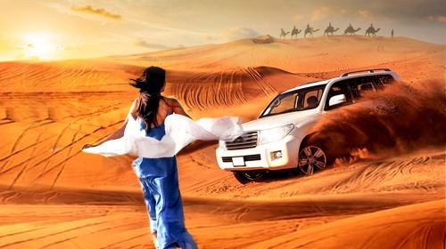 Dubai desert camp experience with dune bashing - red dune bashing/transfers/sunset/camel ride/Arabian buffet diner/henna painting/show - standard/VIP/summer air-conditioned area options available